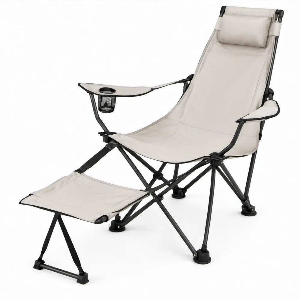 Beige opvouwbare stoel met voetsteun, hoofdsteun en bekerhouder – 165 x 65 x 110 cm