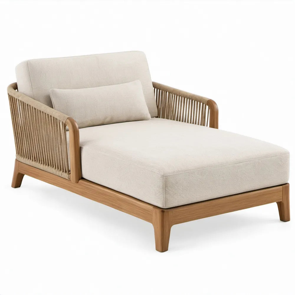 Ligbed met armleuningen 170 x 85 x 76 cm naturel acaciahout en crèmekleurig polyester