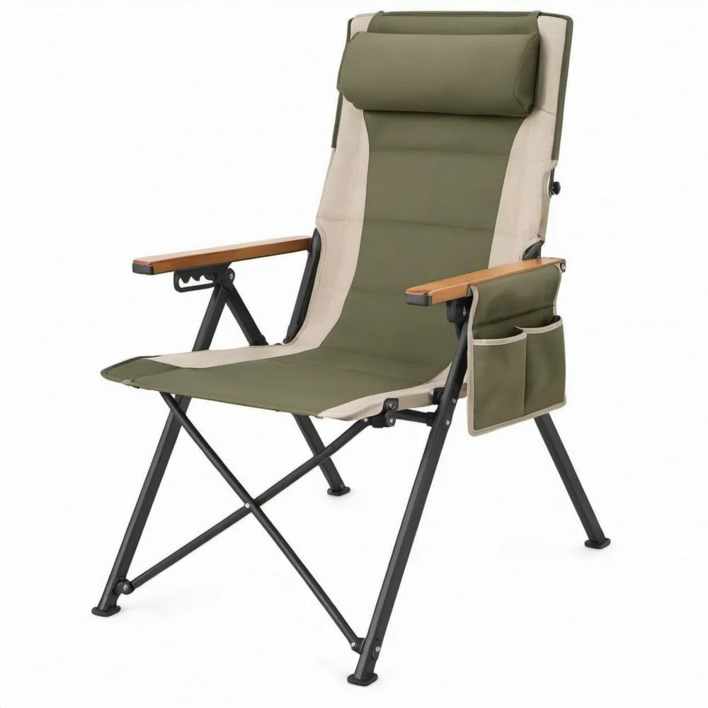 Opvouwbare verstelbare stoel met hoofdsteun en zijvak, 72 x 60 x 120 cm, olijfgroen/beige