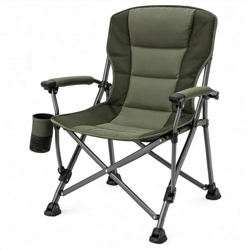 Opvouwbare campingstoel met bekerhouder, olijfgroen/zwart, 60 x 60 x 105 cm