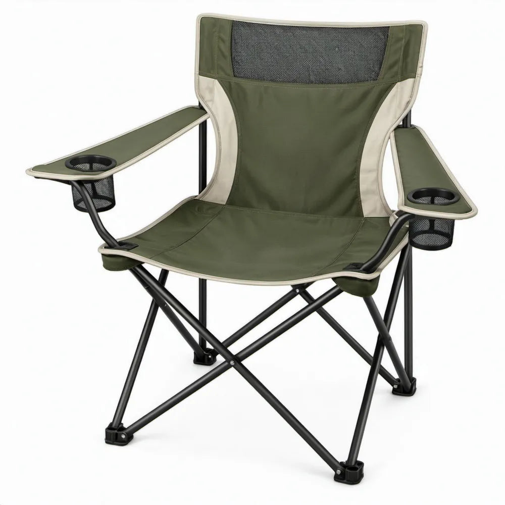 Opvouwbare campingstoel met 2 bekerhouders, olijfgroen/beige/zwart, 58 x 90 x 95 cm