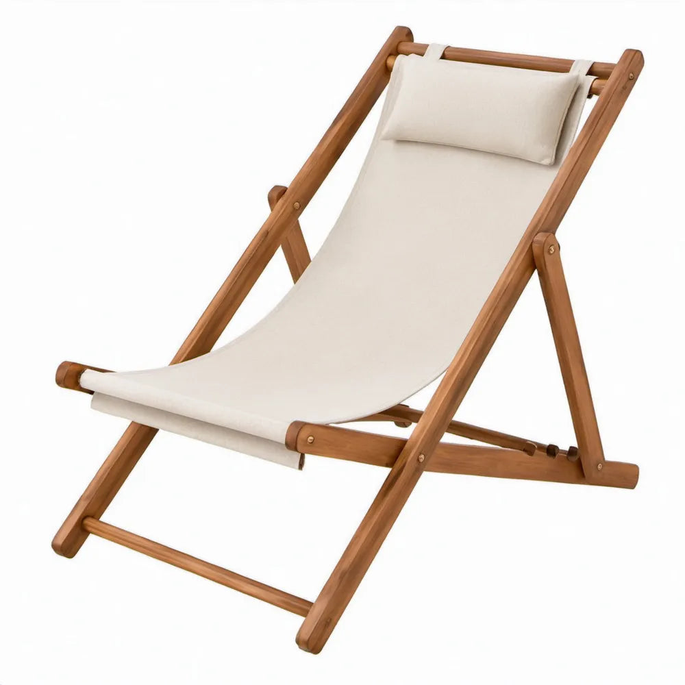 Opvouwbare verstelbare ligstoel van massief acaciahout met beige canvas en hoofdsteun, 98 x 60 x 90 cm