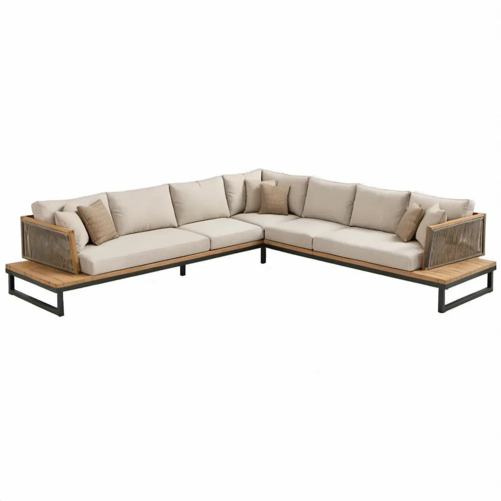 L-vormige loungeset voor 6 personen, 320 x 320 x 72 cm, beige, naturelbruin en zwart