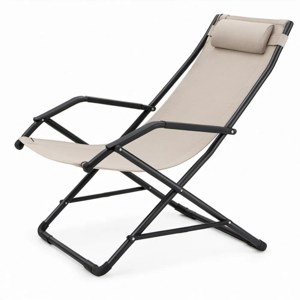 Opvouwbare relaxligstoel met hoofdkussen, 165 x 65 x 110 cm, beige/zwart