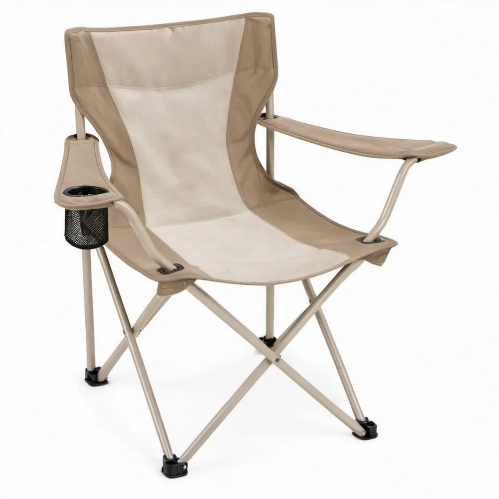 Inklapbare campingstoel beige met armleuningen, bekerhouder en opbergvak, 90 x 58 x 60 cm