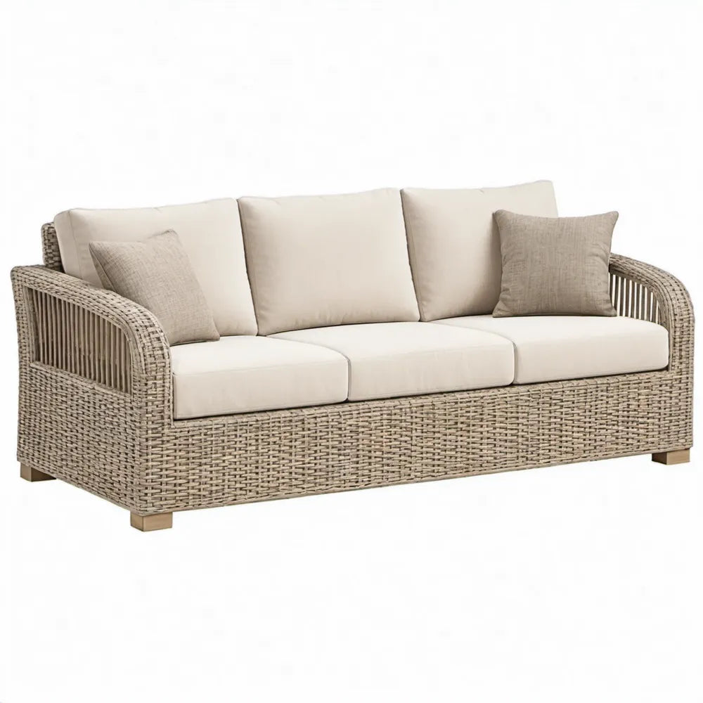 3-zits loungesofa voor buiten 220 x 90 x 78 cm beige-grijs PE-rotan met crèmekleurige kussens