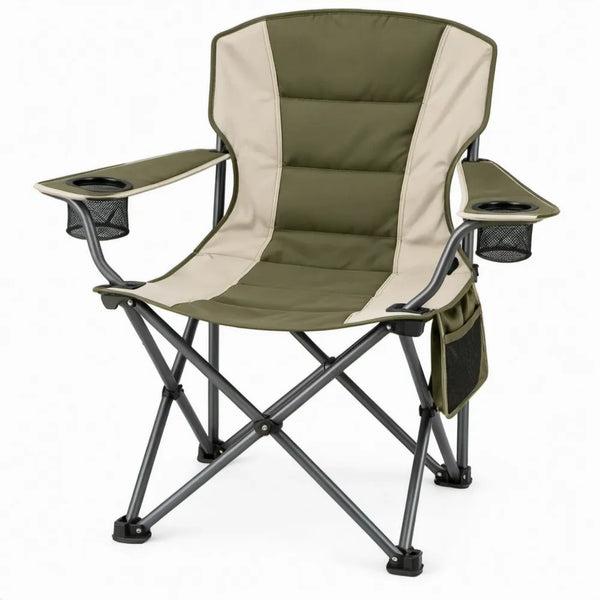Inklapbare campingstoel met 2 bekerhouders en zijvak, olijfgroen/beige, 100 x 52 x 92 cm