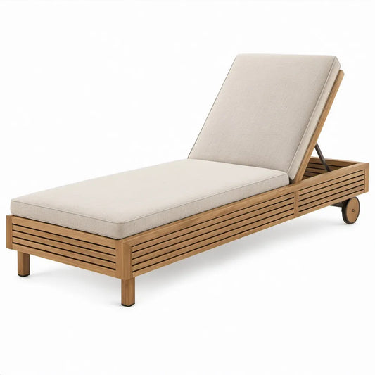 Ligbed van natuurlijk acaciahout met verstelbare rugleuning, wielen en beige kussens, 200 x 70 x 35 cm