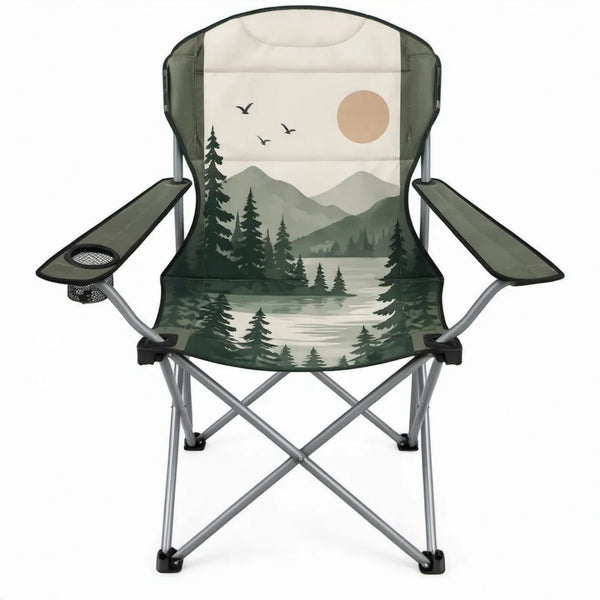 Inklapbare campingstoel met armleuningen en bekerhouder, 50 x 50 x 80 cm, groen/crème/grijs