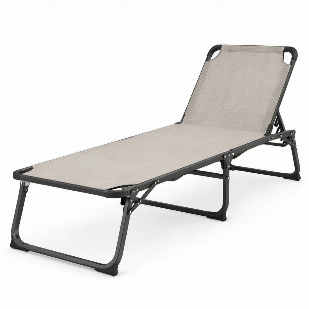 Inklapbaar verstelbaar ligbed 190 x 58 x 30 cm beige/zwart met stalen frame en textilene