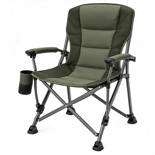 Opvouwbare campingstoel met bekerhouder, olijfgroen/zwart, 60 x 60 x 105 cm