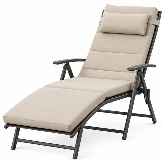 Verstelbaar inklapbaar ligbed met voetensteun en hoofdsteunkussen, beige/zwart, 195 x 65 x 32 cm