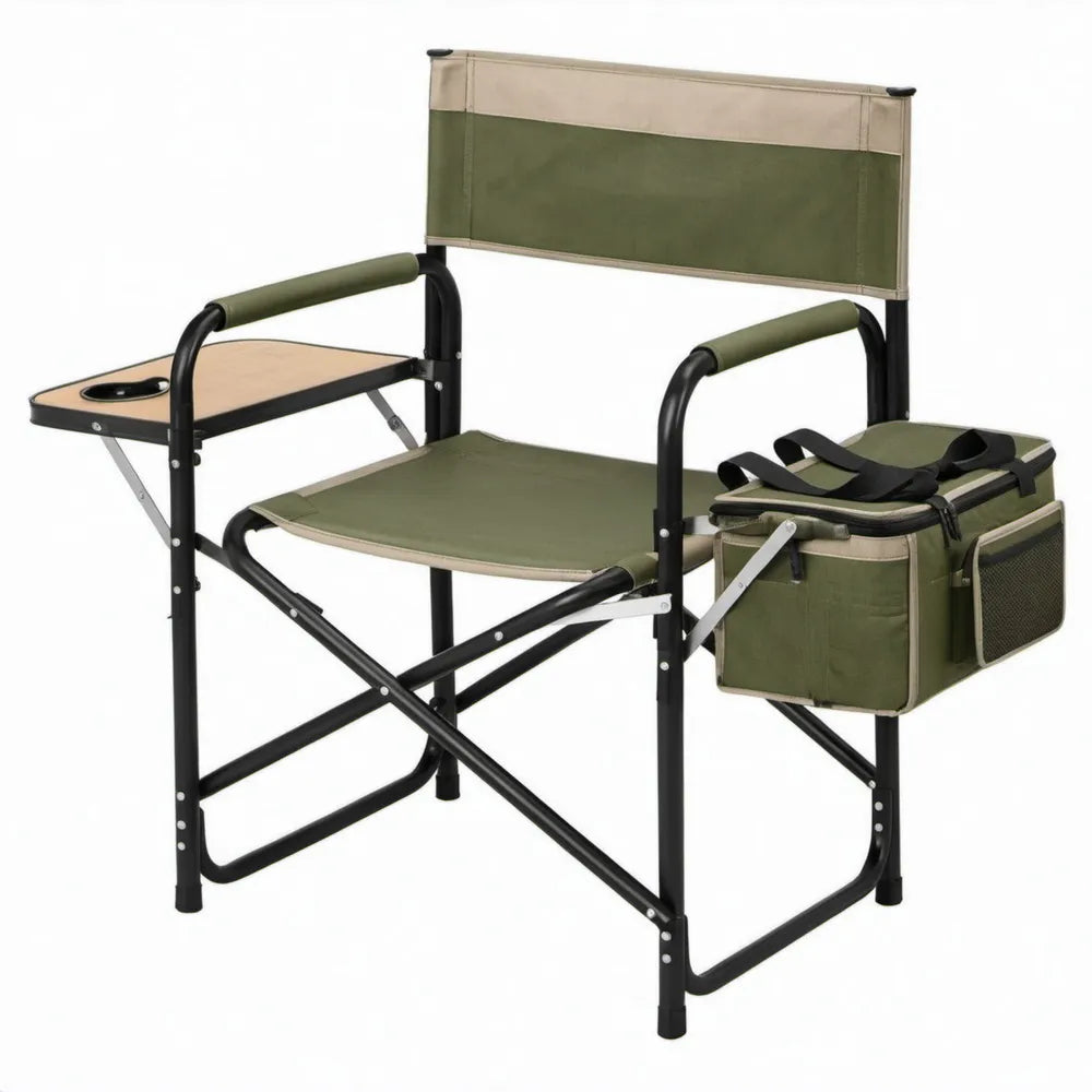 Opvouwbare campingstoel met zijtafel en koeltas 86 x 55 x 85 cm Olijfgroen/Beige/Zwart