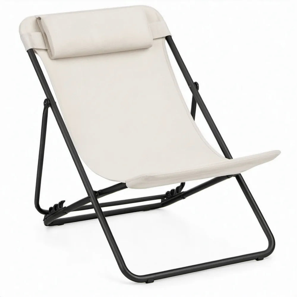 Opvouwbare verstelbare campingstoel met hoofdsteun, 67 x 87 x 92 cm, gebroken wit/zwart