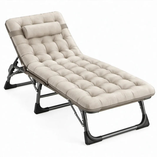 Inklapbaar crème/zwart stalen ligbed met verstelbare rugleuning en hoofdrol, 190 x 68 x 30 cm