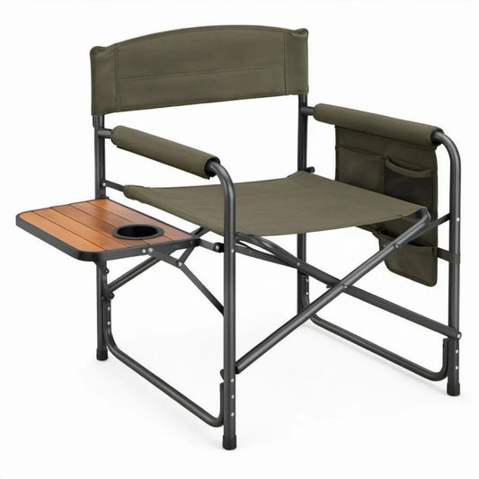 Inklapbare campingstoel met zijtafel en bekerhouder, olijfgroen/zwart/bruin, 80 x 50 x 80 cm