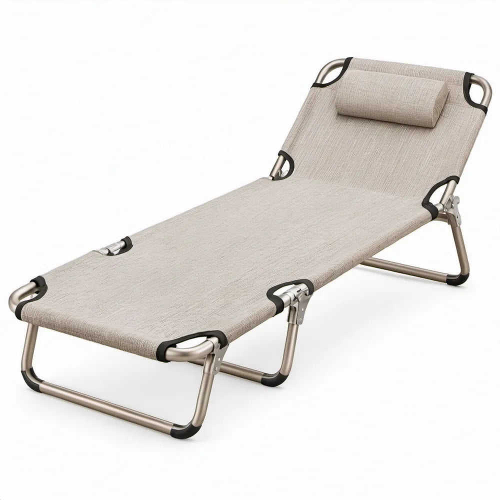 Inklapbaar verstelbaar ligbed met hoofdsteun 190 x 60 x 30 cm – Beige/Zilvergrijs/Zwart
