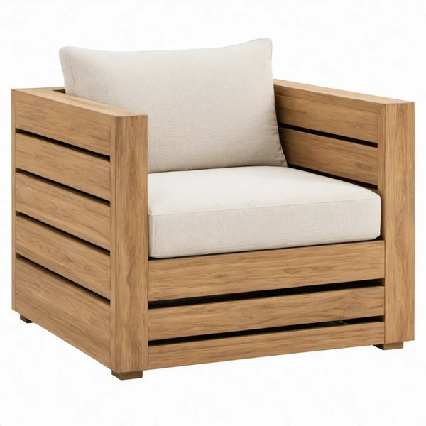 Tuinloungefauteuil van massief teakhout met crèmekleurige polyester kussens, 92 x 86 x 72 cm