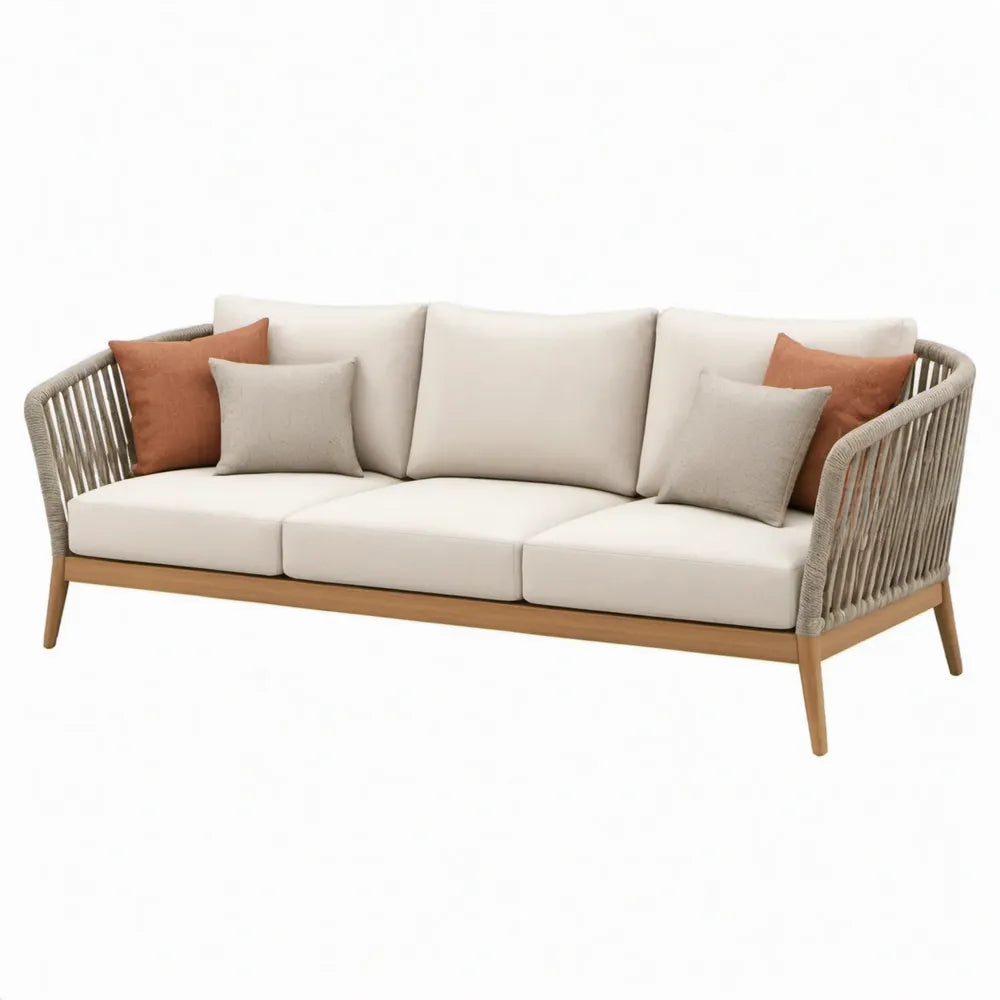 3-zits tuinbank van massief acaciahout en PP-koord, beige/naturel/terracotta, 210 x 80 x 75 cm