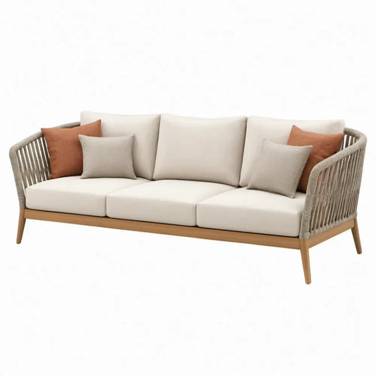 3-zits tuinbank van massief acaciahout en PP-koord, beige/naturel/terracotta, 210 x 80 x 75 cm