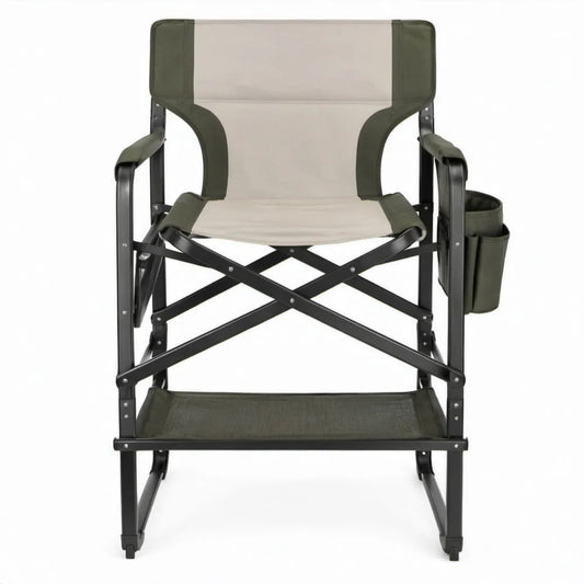 Inklapbare campingstoel met armleuningen en zijvak, 60 x 50 x 86 cm, beige/olijfgroen/zwart
