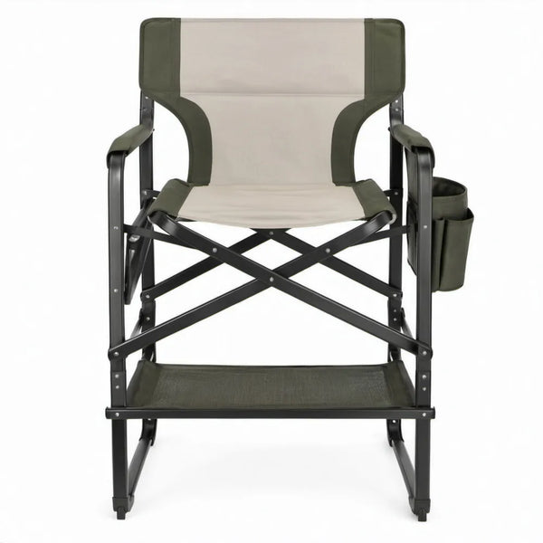 Inklapbare campingstoel met armleuningen en zijvak, 60 x 50 x 86 cm, beige/olijfgroen/zwart