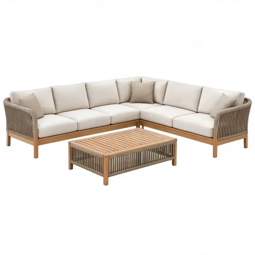 6-zits hoekopstelling met salontafel 270 x 270 x 75 cm – Naturel bruin, taupe en gebroken wit