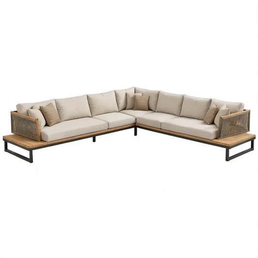 L-vormige loungeset voor 6 personen, 320 x 320 x 72 cm, beige, naturelbruin en zwart