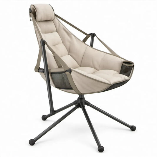 Draaibare campingstoel beige/zwart met hoofdsteunkussen en bekerhouder – 85 x 75 x 105 cm