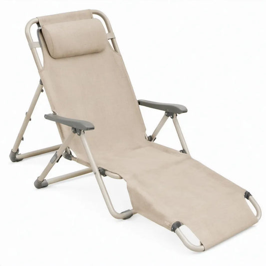 Opvouwbare verstelbare campingligstoel met hoofdkussen, beige/grijs, 165 x 64 x 110 cm