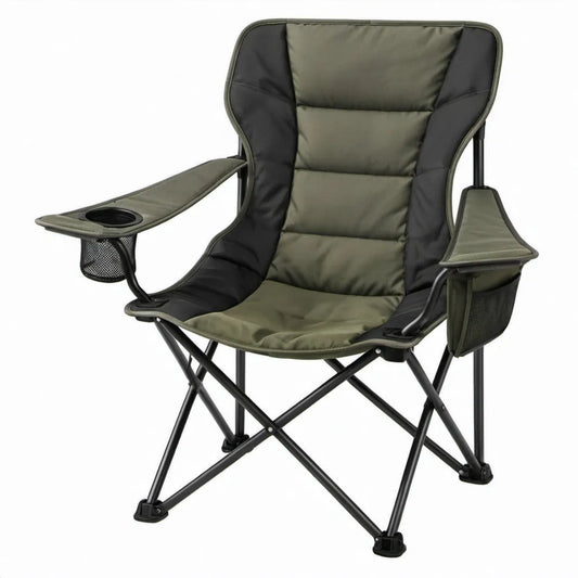 Inklapbare campingstoel met hoge rugleuning, armleuningen en bekerhouder - 90 x 60 x 105 cm - Olijfgroen/Zwart