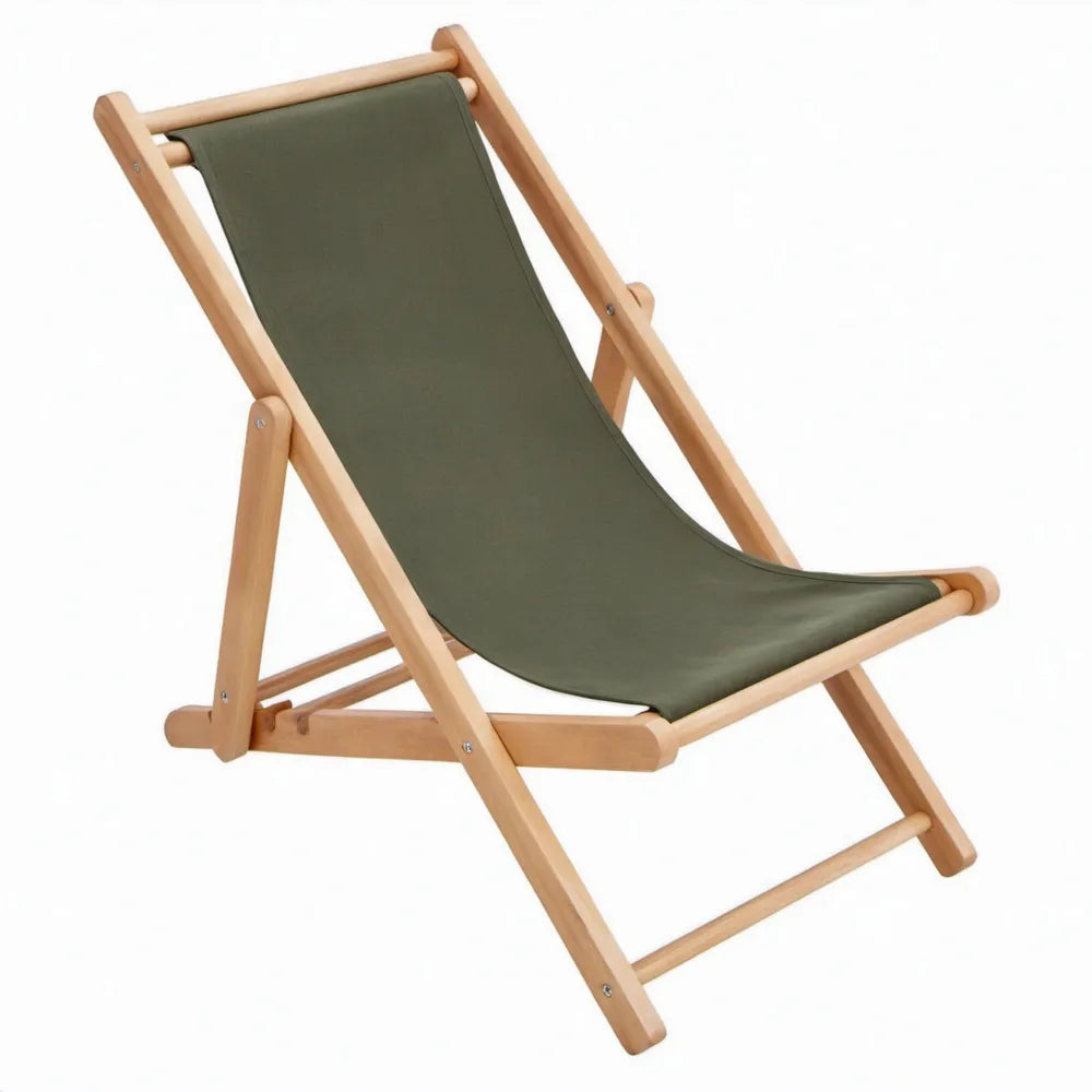 Opvouwbare strandstoel van beukenhout met olijfgroene polyester zitting, 120 x 58 x 85 cm