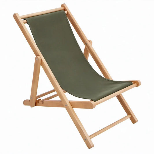 Opvouwbare strandstoel van beukenhout met olijfgroene polyester zitting, 120 x 58 x 85 cm