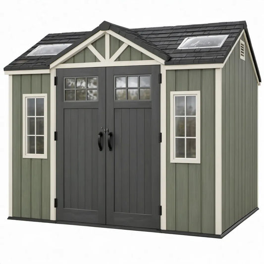 HDPE tuinhuis met dubbele deur, ramen en zadeldak 216 x 216 x 228 cm – grijsgroen/antraciet/gebroken wit