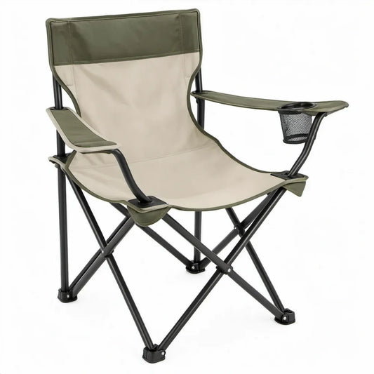Opvouwbare campingstoel met armleuningen, bekerhouder en opbergnet, 80 x 50 x 90 cm, groen/beige/zwart