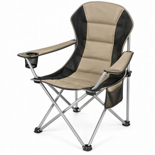 Opvouwbare campingstoel beige/zwart met grijs stalen frame, bekerhouder en opbergvak, 60 x 60 x 100 cm