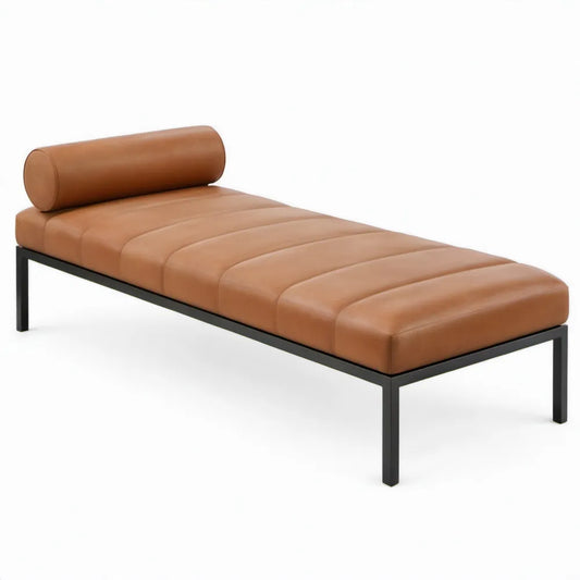 Ligbed 200 x 70 x 35 cm met cilindervormig hoofdkussen – Cognacbruin PU-kunstleer en zwart stalen frame