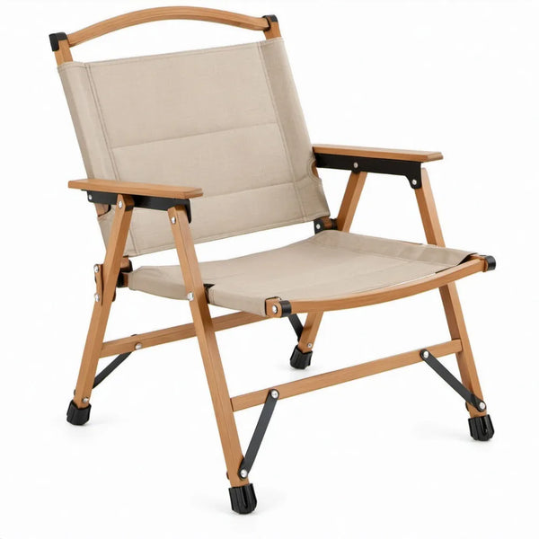 Inklapbare campingstoel met armleuningen en hoge rugleuning, 56 x 60 x 80 cm, beige/bruin/zwart