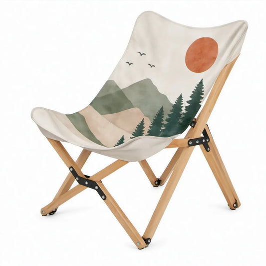 Opvouwbare campingstoel 74 x 64 x 92 cm in gebroken wit met groen, oranje en beige, met beukenhouten frame