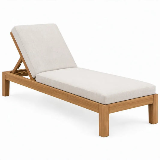 Teakhouten ligbed met verstelbare rugleuning en beige kussens, 200 x 70 x 30 cm