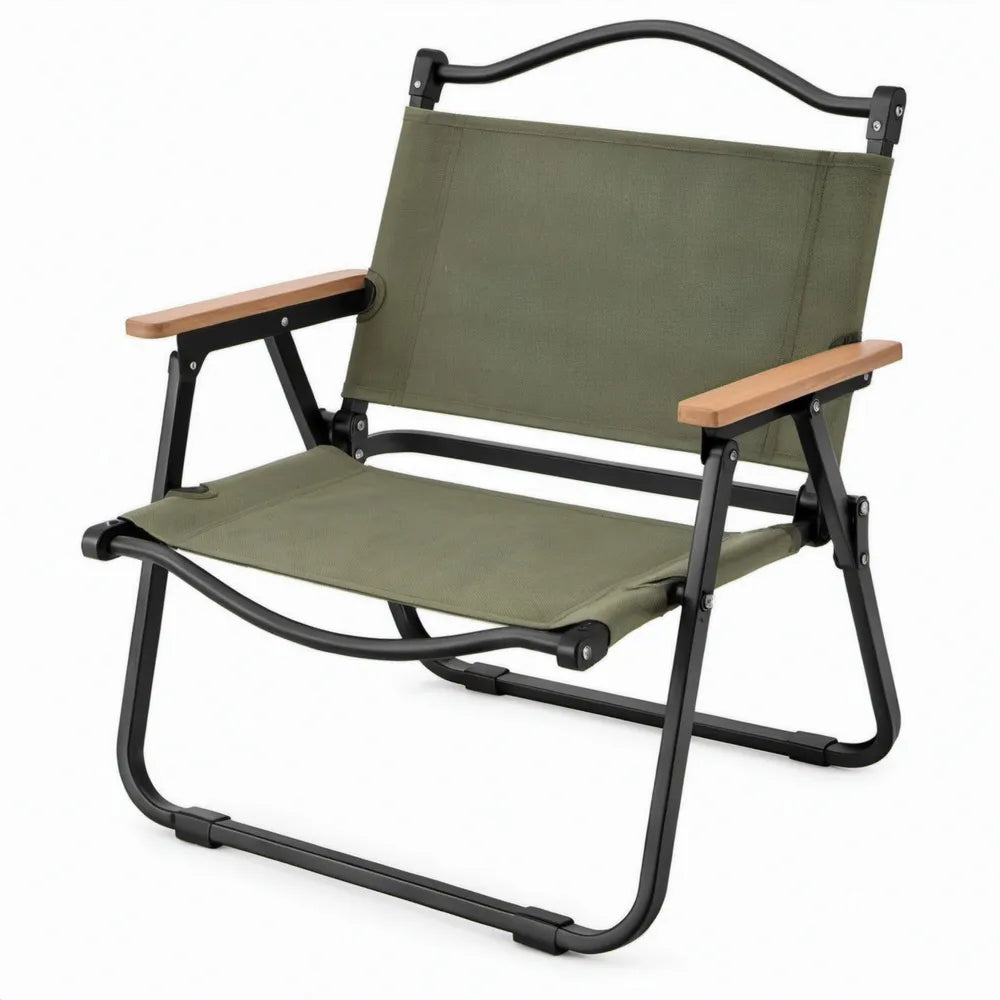 Inklapbare campingstoel 57 x 60 x 80 cm olijfgroen, zwart en naturel houtkleur