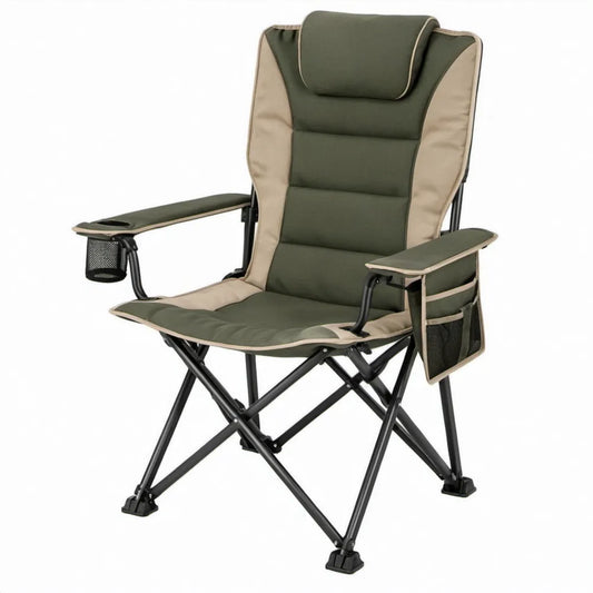 Opvouwbare campingstoel met hoofdsteun, bekerhouder en zijvakken 60 x 60 x 110 cm Groen/Beige/Zwart