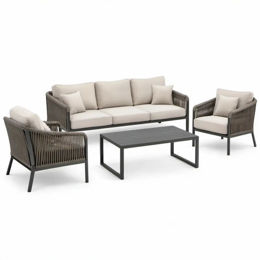 4-delige tuinloungeset van aluminium met 3-zitsbank, 2 fauteuils en salontafel, antraciet/taupe – bank 196 x 78 x 75 cm