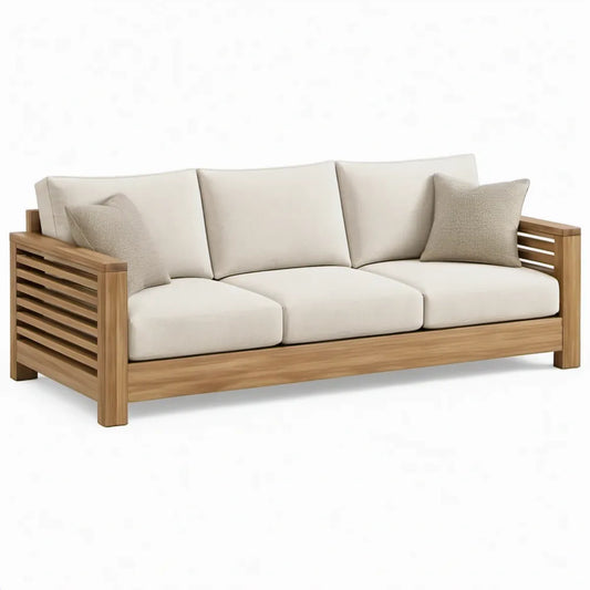 3-zits tuinbank van massief acaciahout met kussens – 200 x 80 x 75 cm – Naturelbruin/Crèmewit/Beige