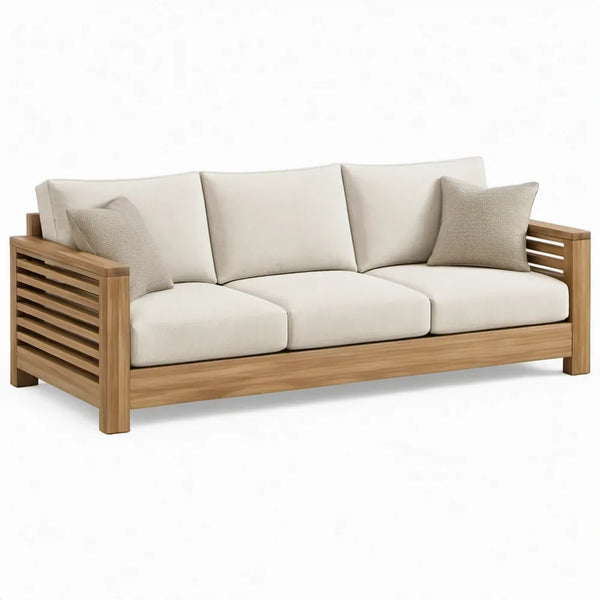 3-zits tuinbank van massief acaciahout met kussens – 200 x 80 x 75 cm – Naturelbruin/Crèmewit/Beige